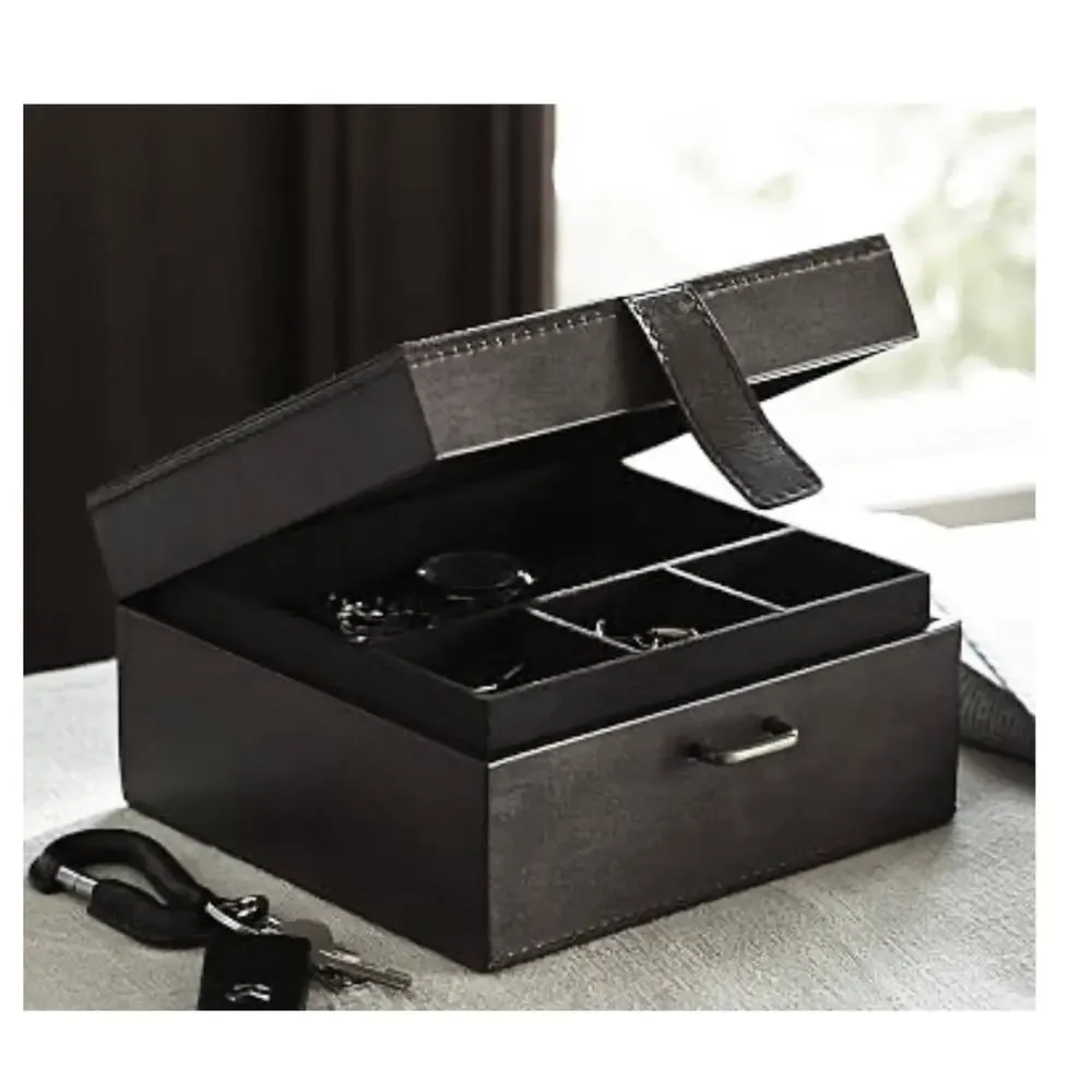 PB Black LEATHER JEWELRY BOX + TRAY Mens Ladies 8” Square Dresser Organizer